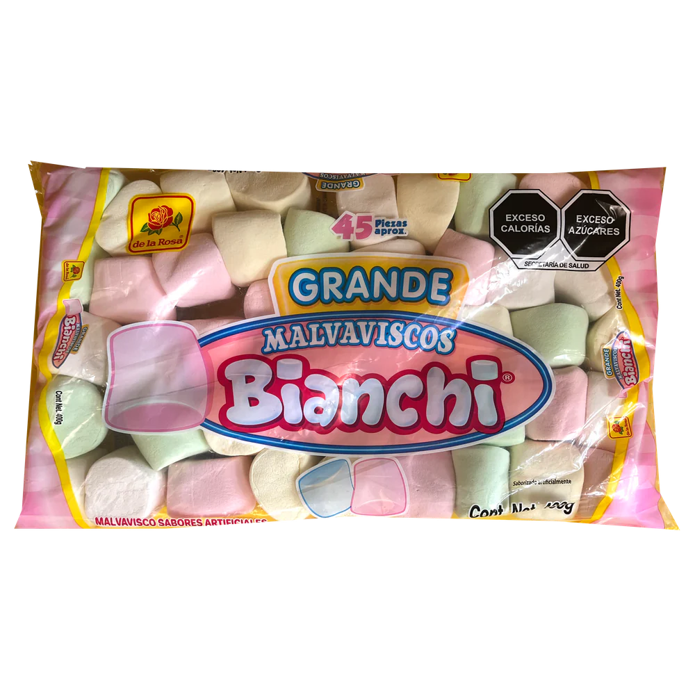 Imagen de productos De La Rosa, como dulces tradicionales mexicanos, incluyendo opciones como mazapanes, pulpas, caramelos, gomitas, malvaviscos, paletas, bombones y chocolates, en diversas presentaciones individuales o en bolsa, con empaques coloridos característicos de la marca.
