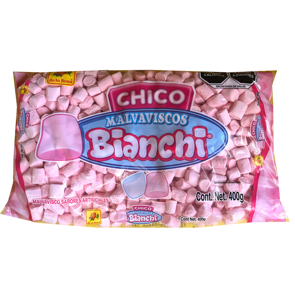 Imagen de productos De La Rosa, como dulces tradicionales mexicanos, incluyendo opciones como mazapanes, pulpas, caramelos, gomitas, malvaviscos, paletas, bombones y chocolates, en diversas presentaciones individuales o en bolsa, con empaques coloridos característicos de la marca.