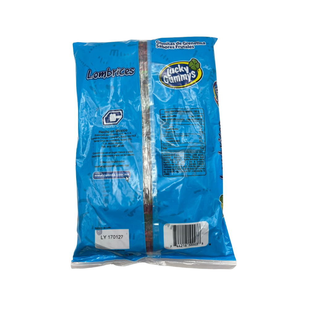 Bolsa de gomitas frutales Lucky Gummys en forma de lombrices. Gomitas para fiestas y convivios.