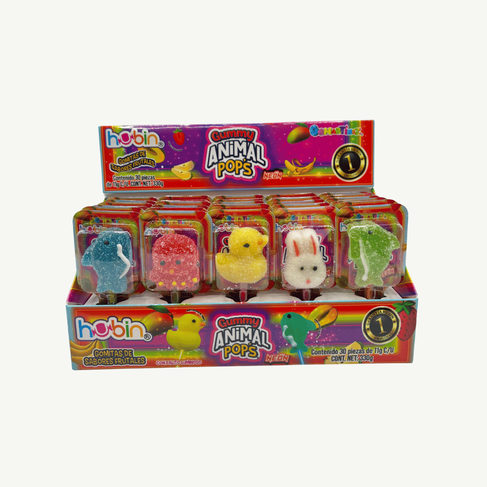 Gomitas Hubin Animal Pop Neon en colores llamativos con forma de animales, ideales para dulceros, 30 piezas.