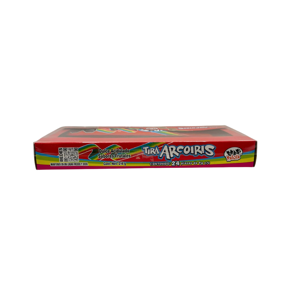 Dulce frutal tipo tira arcoíris con cubierta acidulada en display de 24 piezas.