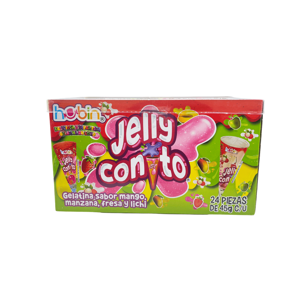 Barquillo Hubin Jelly Conito con relleno de gelatina sabores frutales en display de 24 piezas
