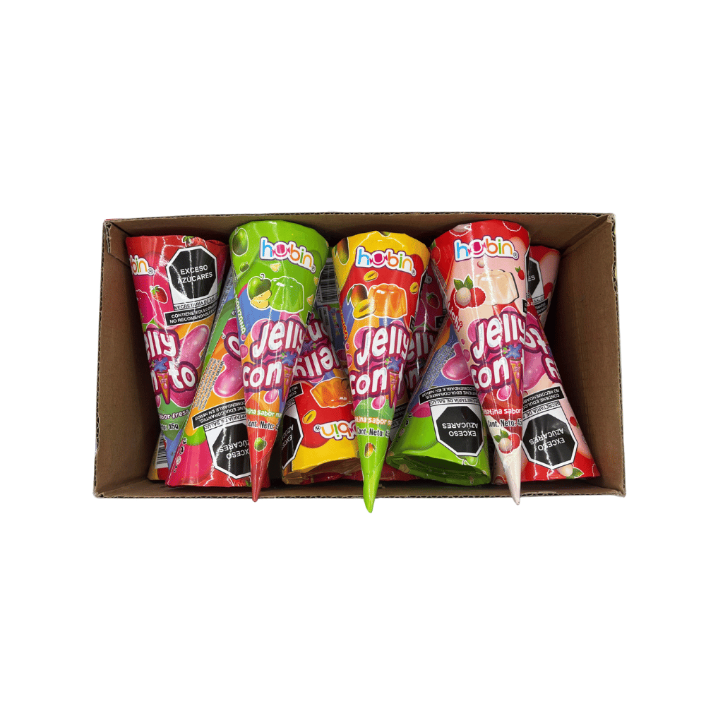 Barquillo Hubin Jelly Conito relleno de gelatina de sabores frutales en presentación display de 24 unidades.