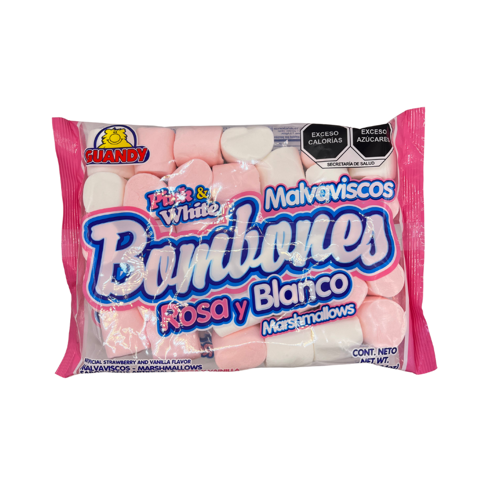 Deliciosos bombones de malvavisco Guandy sabor fresa, suaves y esponjosos. Presentación en bolsa de 225 g, perfectos para compartir o disfrutar como un dulce snack.
