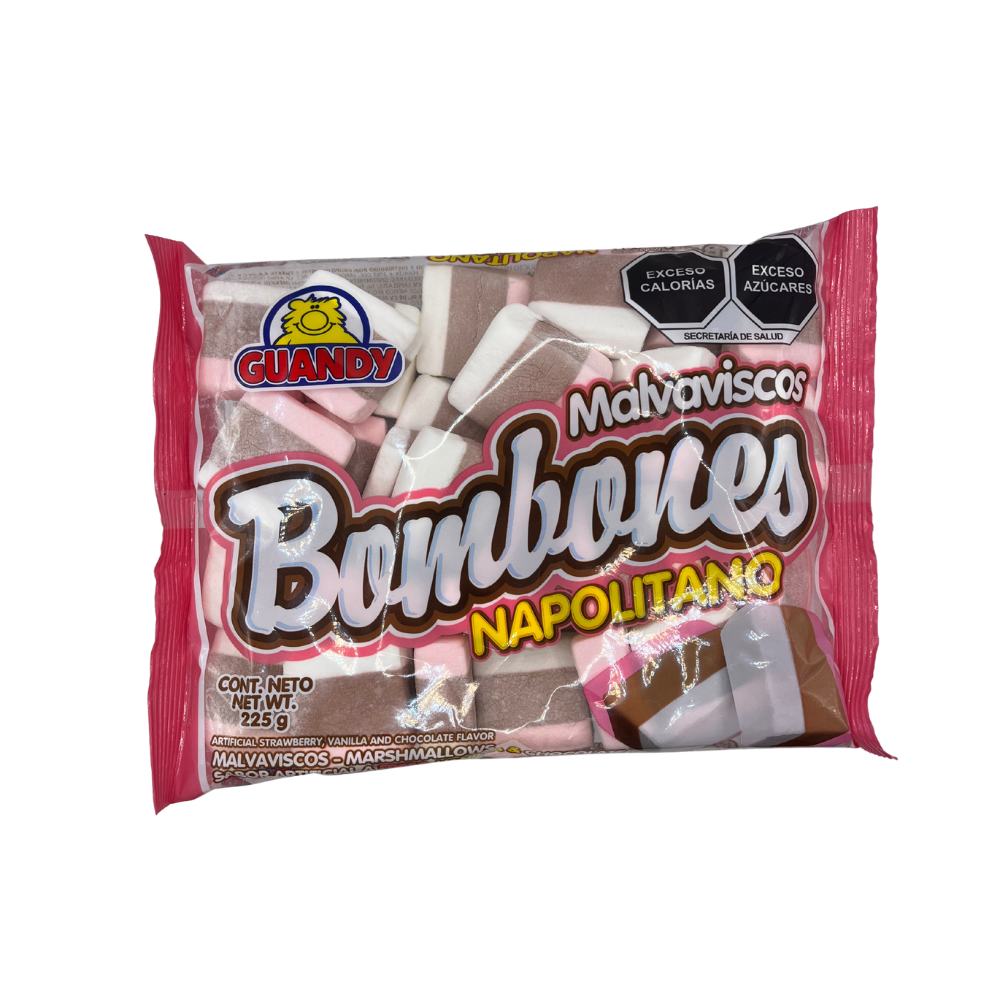 Bombones Guandy sabor napolitano en bolsa de 225 g con malvaviscos suaves y esponjosos.