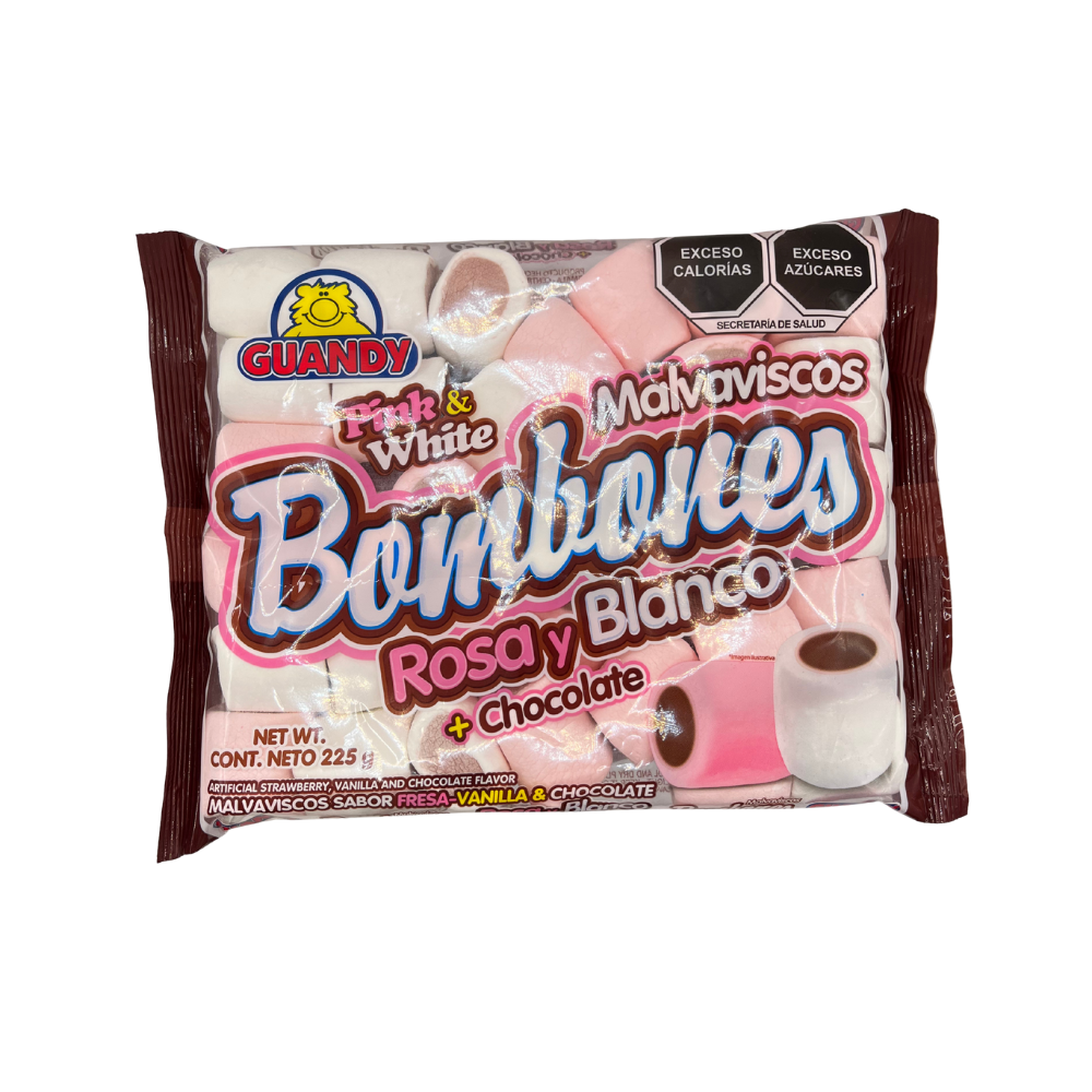 Bombones Guandy Rosa y Blanco con sabor a chocolate en bolsa de 225 g.