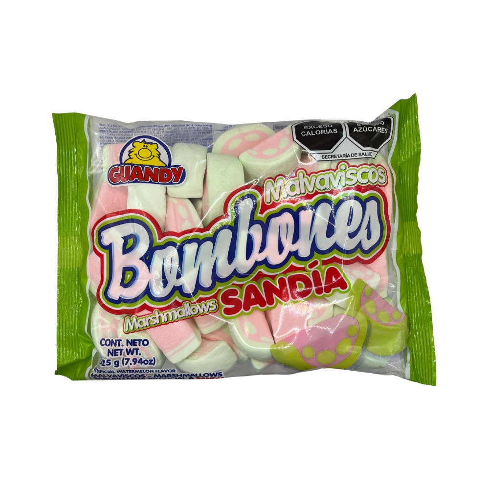 Deliciosos bombones de malvavisco Guandy sabor sandía, suaves y esponjosos con un toque dulce frutal. Presentación en bolsa de 225 g, ideal para compartir en cualquier ocasión.