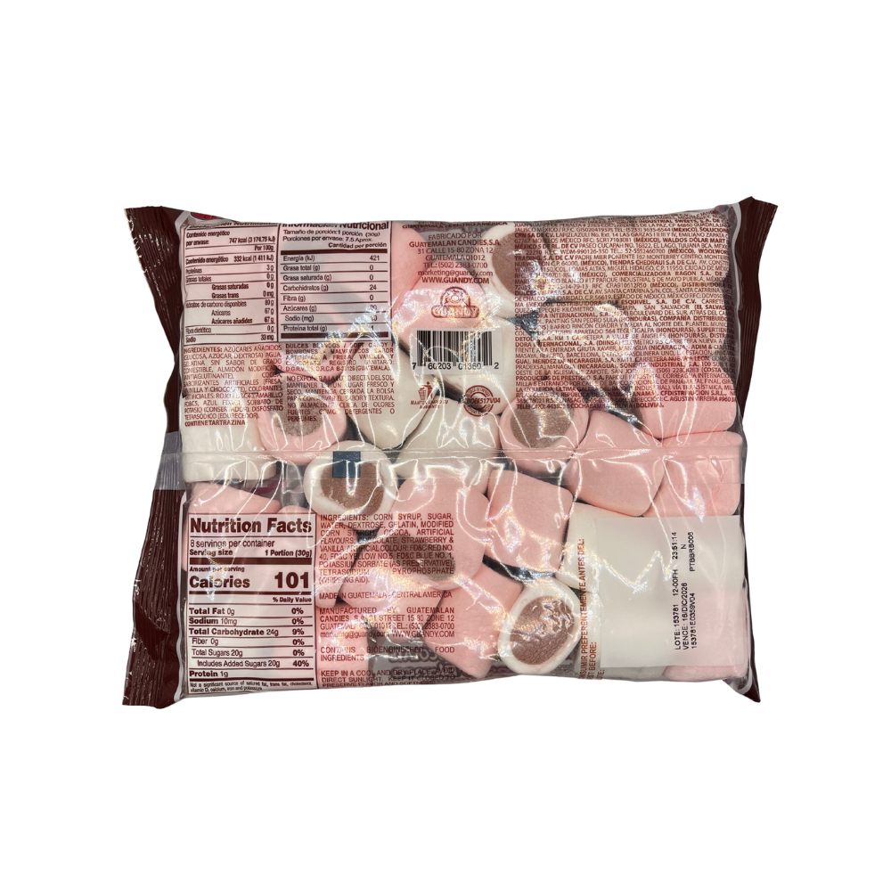 Malvaviscos Guandy Rosa y Blanco Chocolate en empaque de bolsa con contenido neto de 225 g.