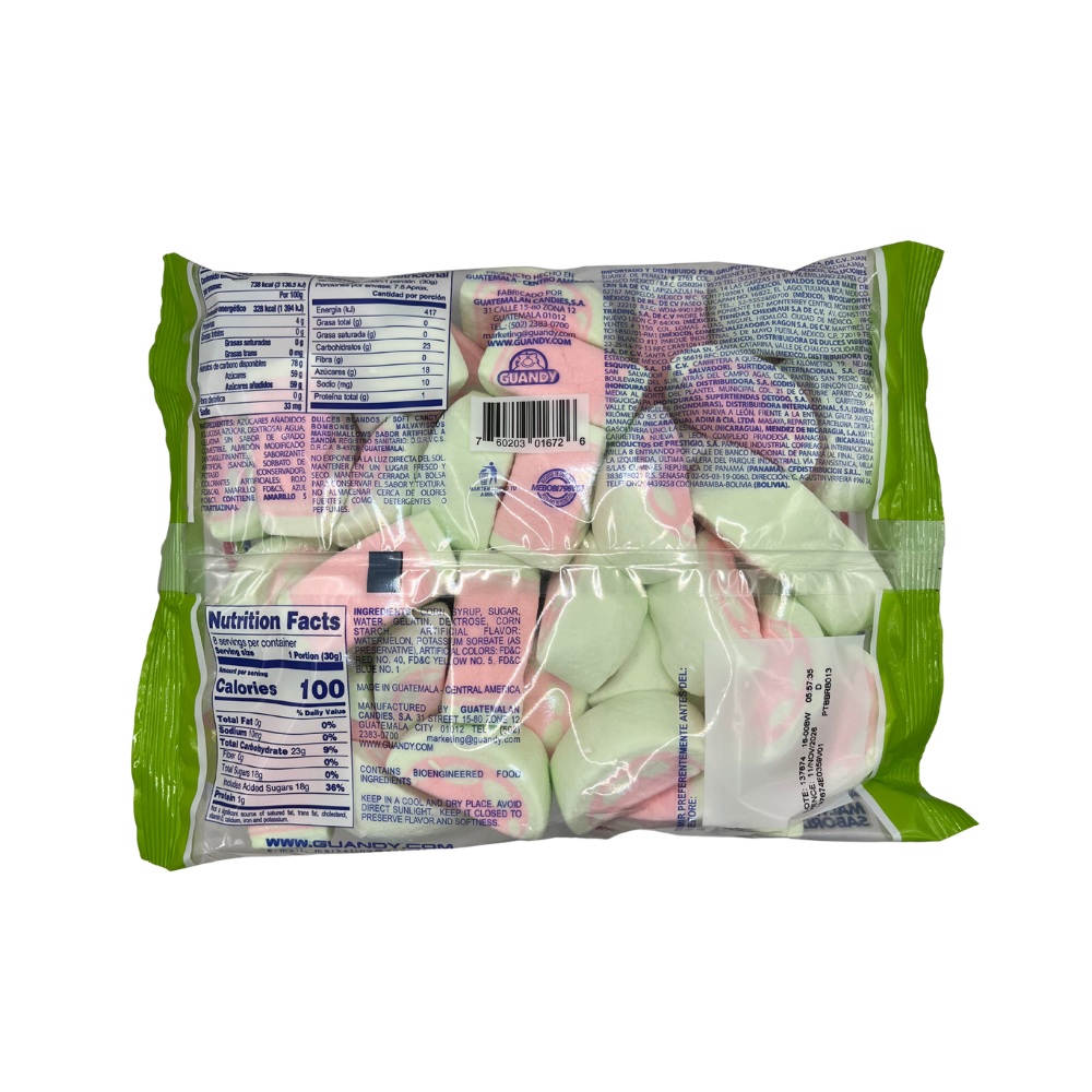 Disfruta los bombones Guandy sabor sandía, con textura ligera y un sabor dulce refrescante. Su bolsa de 225 g es perfecta para snacks, reuniones o postres.