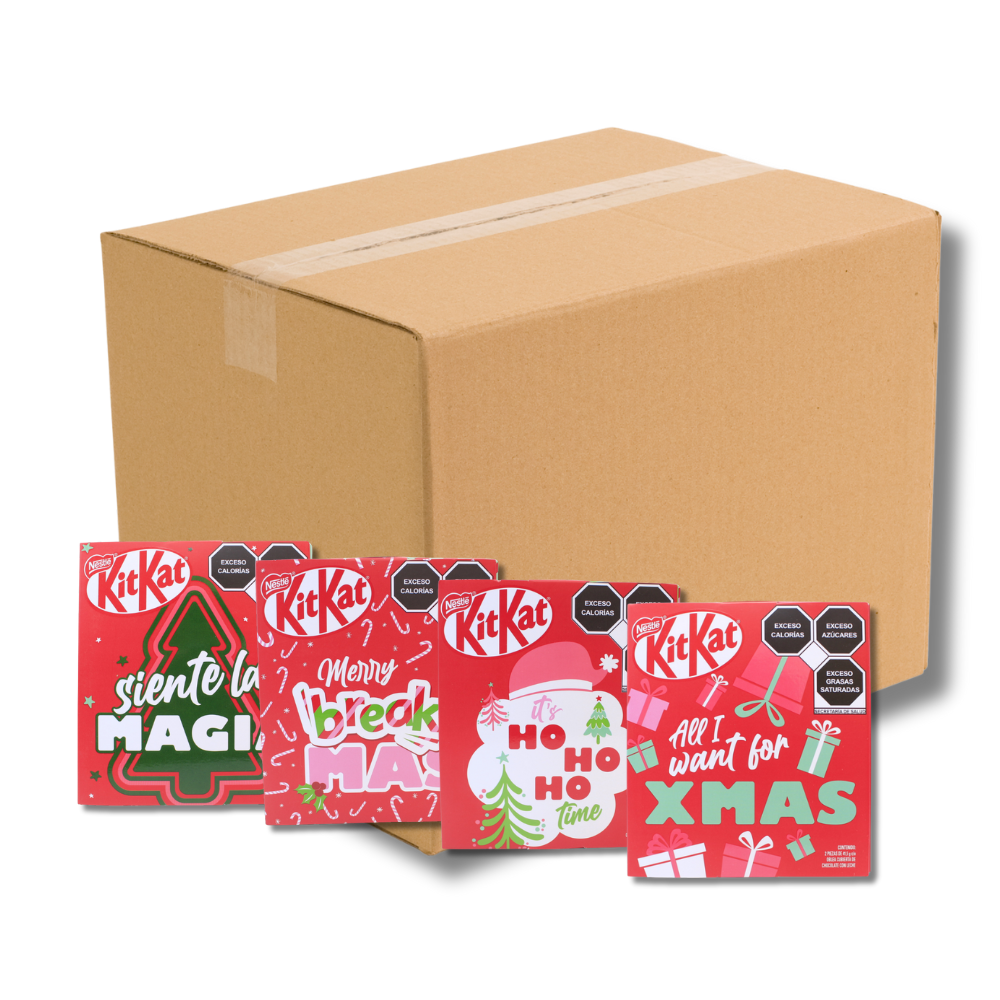 Caja semi mayoreo de 42 tarjetas navideñas kit kat con 2 chocolates. 4 modelos diferentes. Envíos a todo México.