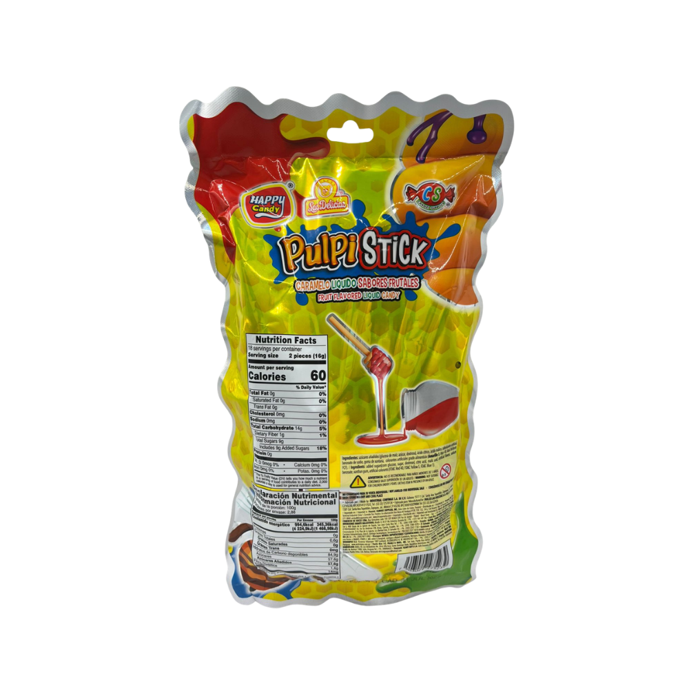 Pulpi Stick caramelo líquido con sabores frutales surtidos en bolsa de 288 g con 36 piezas.