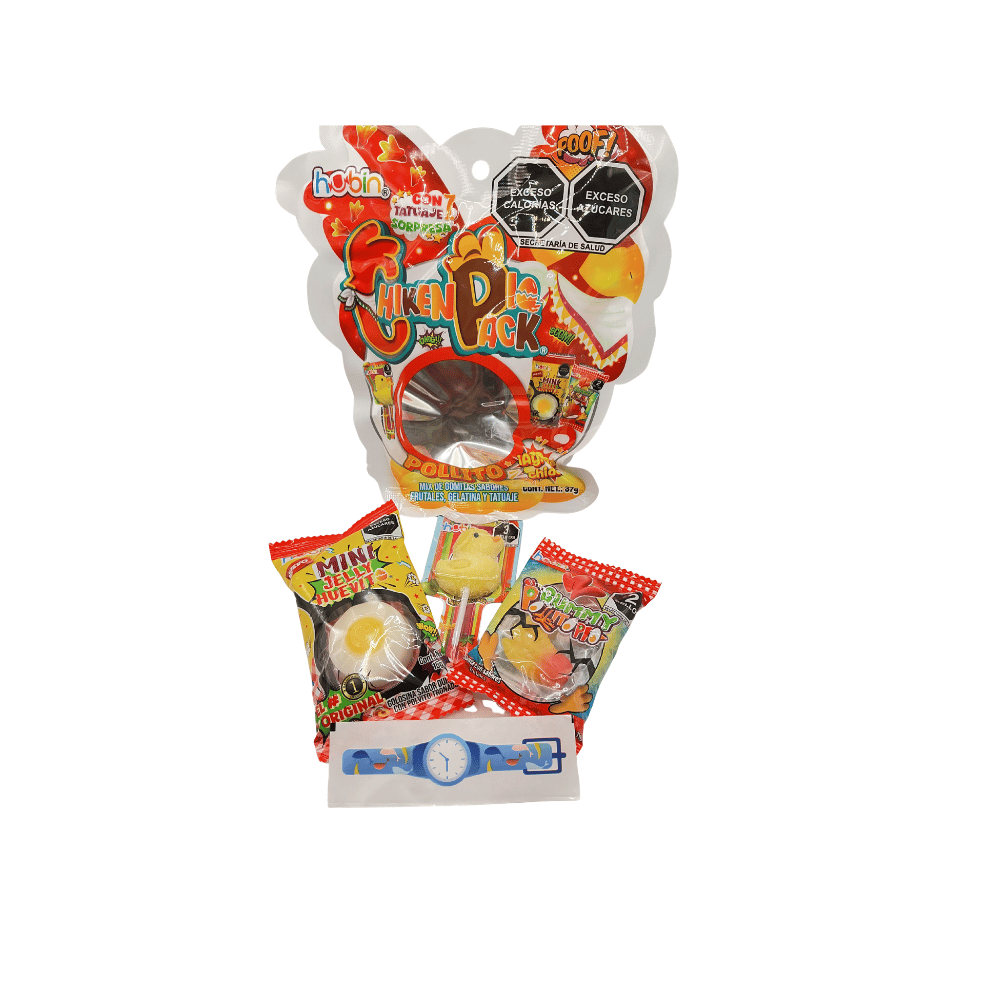 Golosinas Chicken Pio Pack con tatuaje de reloj incluido, ideal para fiestas infantiles, 38 g.