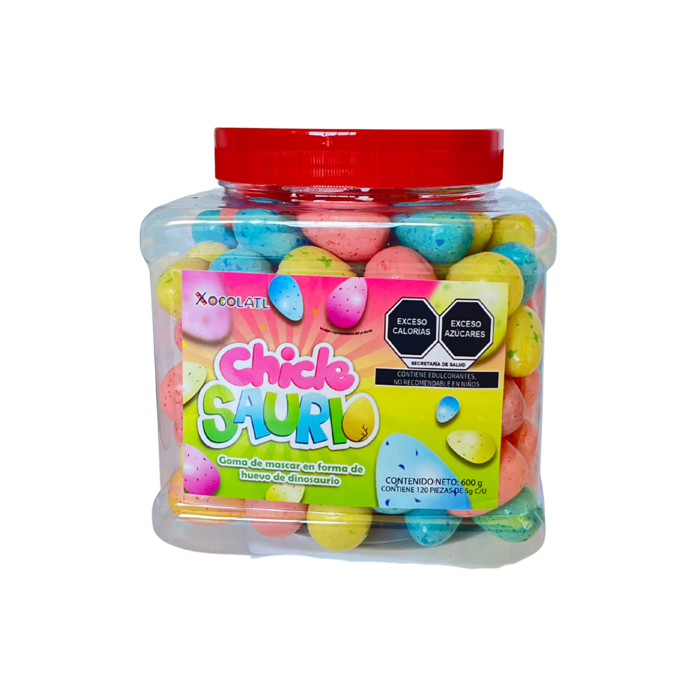 Chicles Saurio con sabores frutales surtidos en bolsa con 120 piezas.