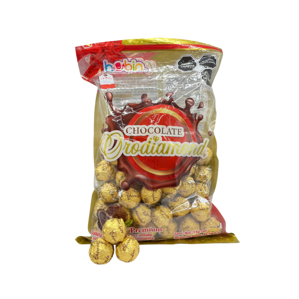 Chocolates Hubin Orodiamond color dorado con sabor chocolate en presentación de 1 kg con aproximadamente 90 piezas.