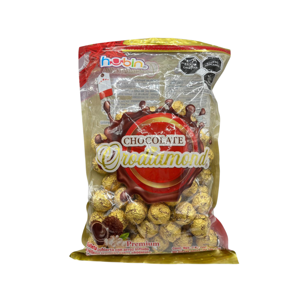 Chocolates Hubin Orodiamond dorados con textura suave y sabor chocolate en paquete de 1 kg con 90 piezas aprox.