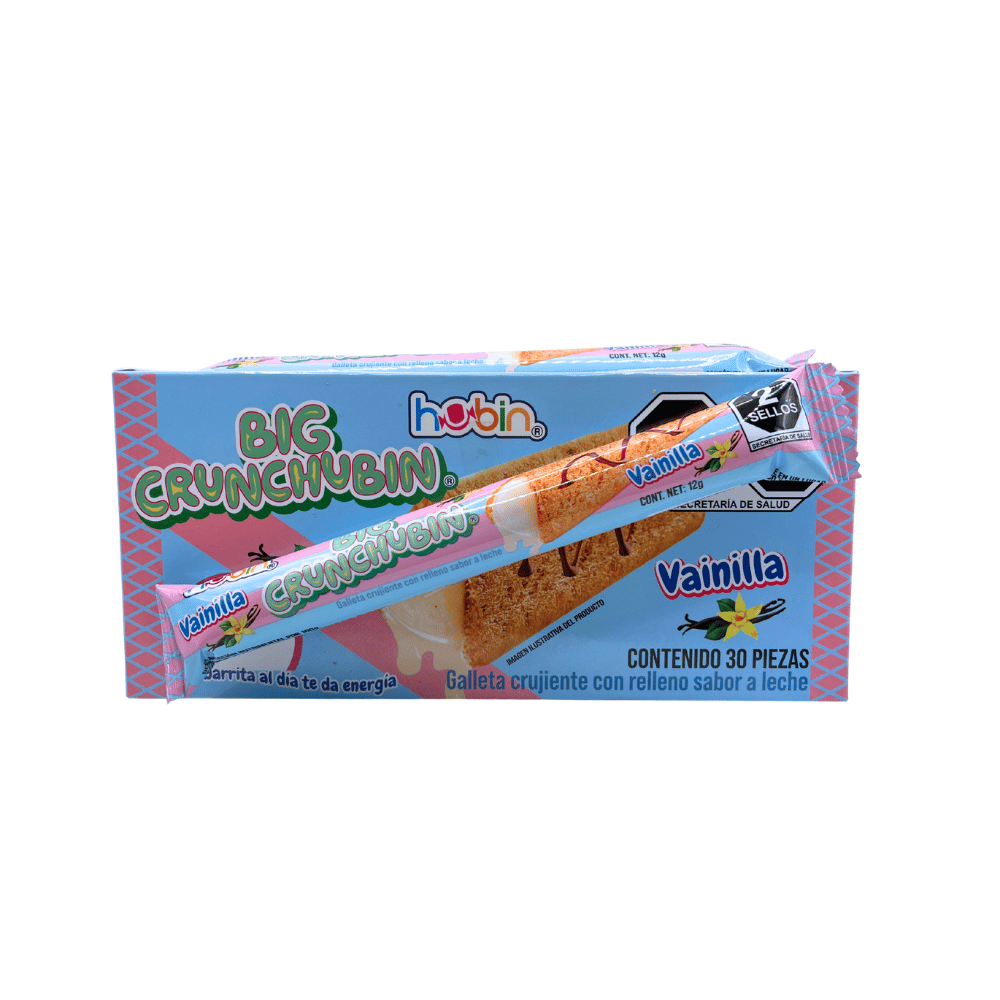 Display de 30 galletas Hubin Big Crunchubín rellenas de vainilla con textura crujiente y sabor dulce.
