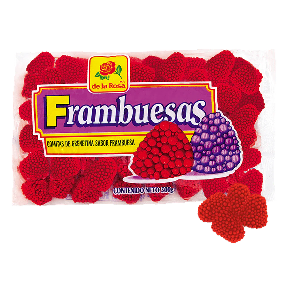 Imagen de productos De La Rosa, como dulces tradicionales mexicanos, incluyendo opciones como mazapanes, pulpas, caramelos, gomitas, malvaviscos, paletas, bombones y chocolates, en diversas presentaciones individuales o en bolsa, con empaques coloridos característicos de la marca.