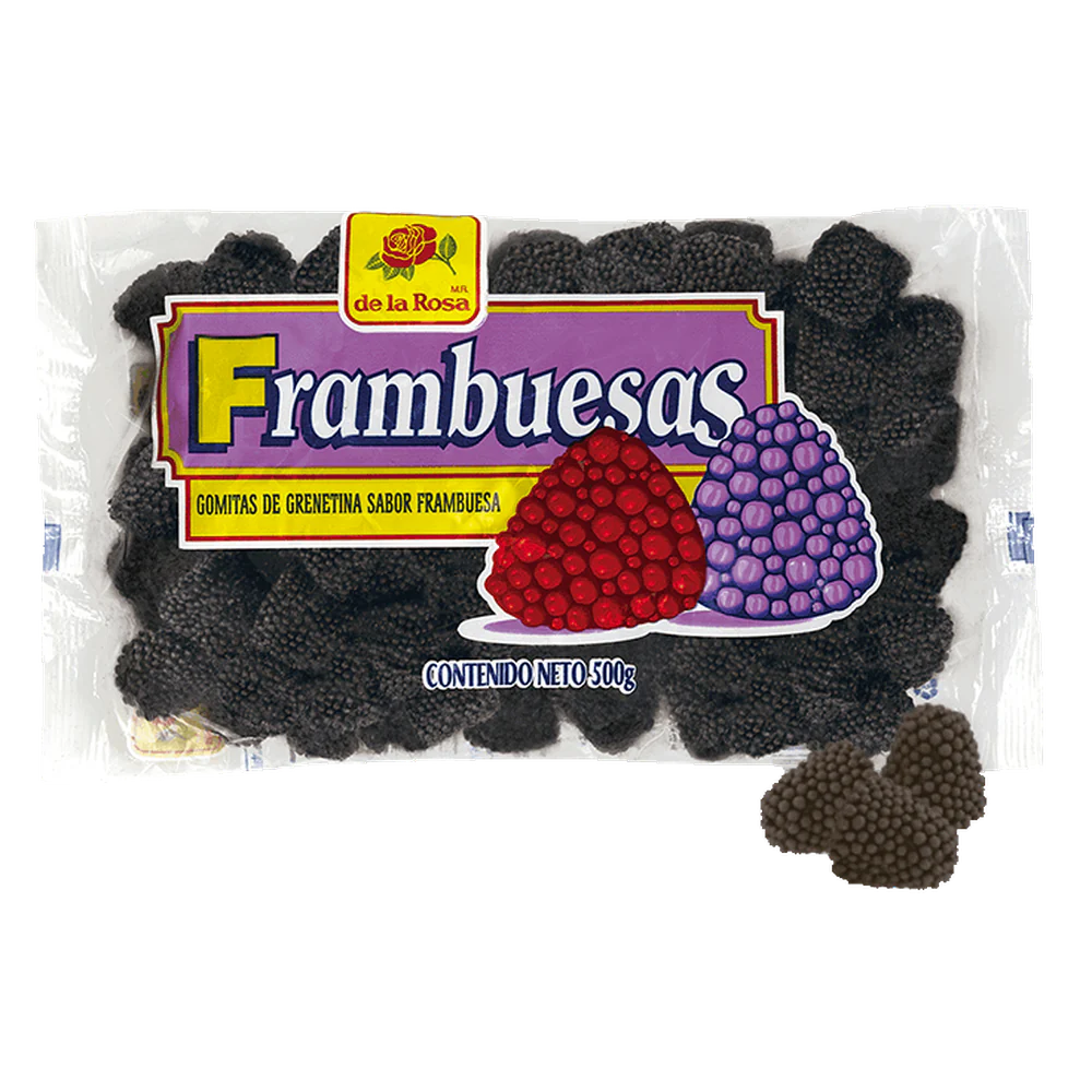 Imagen de productos De La Rosa, como dulces tradicionales mexicanos, incluyendo opciones como mazapanes, pulpas, caramelos, gomitas, malvaviscos, paletas, bombones y chocolates, en diversas presentaciones individuales o en bolsa, con empaques coloridos característicos de la marca.