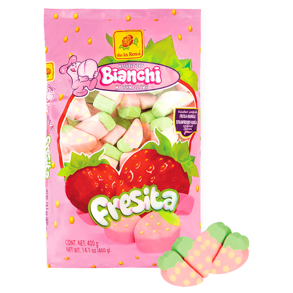 Imagen de productos De La Rosa, como dulces tradicionales mexicanos, incluyendo opciones como mazapanes, pulpas, caramelos, gomitas, malvaviscos, paletas, bombones y chocolates, en diversas presentaciones individuales o en bolsa, con empaques coloridos característicos de la marca.