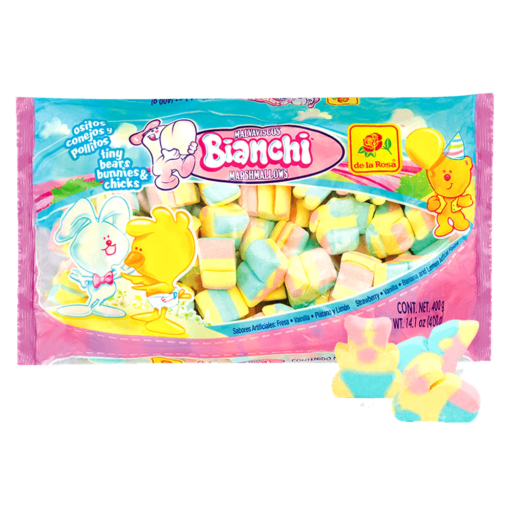 Imagen de productos De La Rosa, como dulces tradicionales mexicanos, incluyendo opciones como mazapanes, pulpas, caramelos, gomitas, malvaviscos, paletas, bombones y chocolates, en diversas presentaciones individuales o en bolsa, con empaques coloridos característicos de la marca.