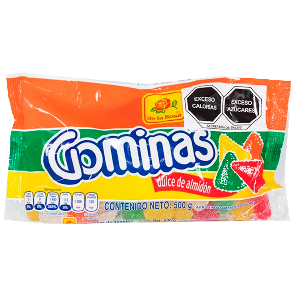 Imagen de productos De La Rosa, como dulces tradicionales mexicanos, incluyendo opciones como mazapanes, pulpas, caramelos, gomitas, malvaviscos, paletas, bombones y chocolates, en diversas presentaciones individuales o en bolsa, con empaques coloridos característicos de la marca.
