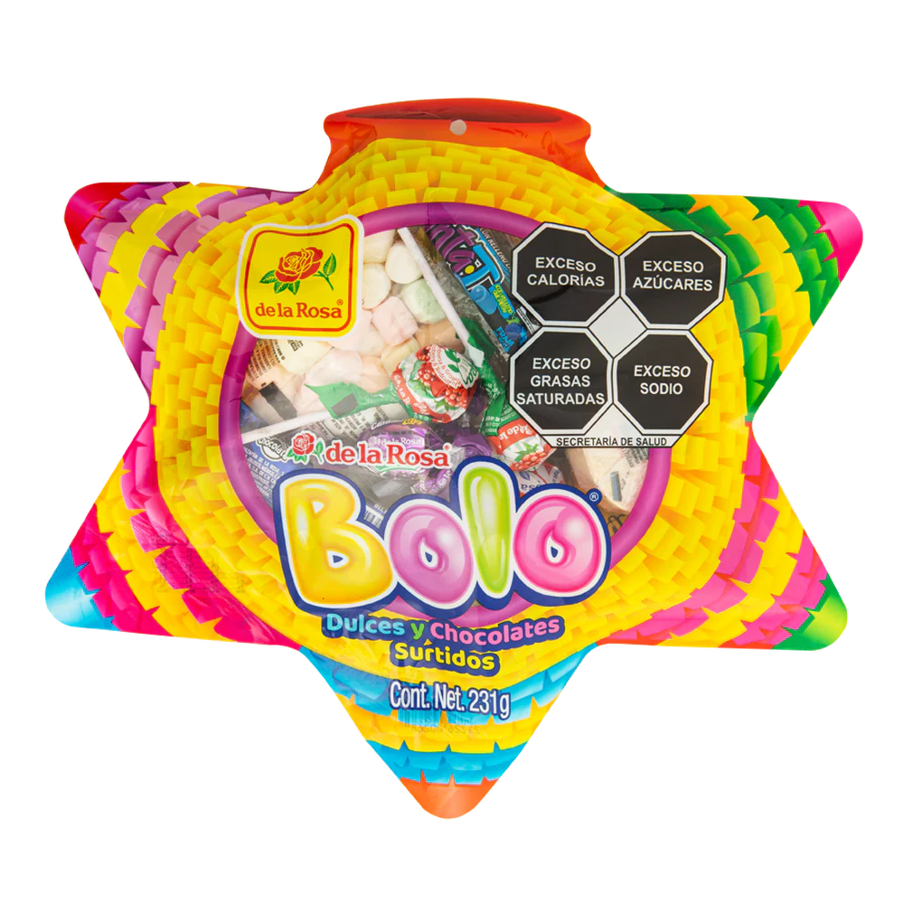 Imagen de productos De La Rosa, como dulces tradicionales mexicanos, incluyendo opciones como mazapanes, pulpas, caramelos, gomitas, malvaviscos, paletas, bombones y chocolates, en diversas presentaciones individuales o en bolsa, con empaques coloridos característicos de la marca.