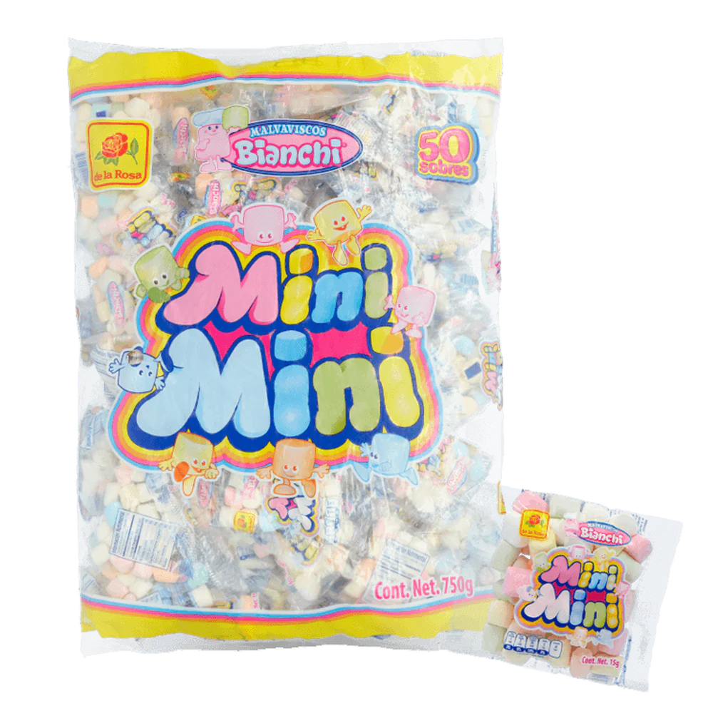 Imagen de productos De La Rosa, como dulces tradicionales mexicanos, incluyendo opciones como mazapanes, pulpas, caramelos, gomitas, malvaviscos, paletas, bombones y chocolates, en diversas presentaciones individuales o en bolsa, con empaques coloridos característicos de la marca.