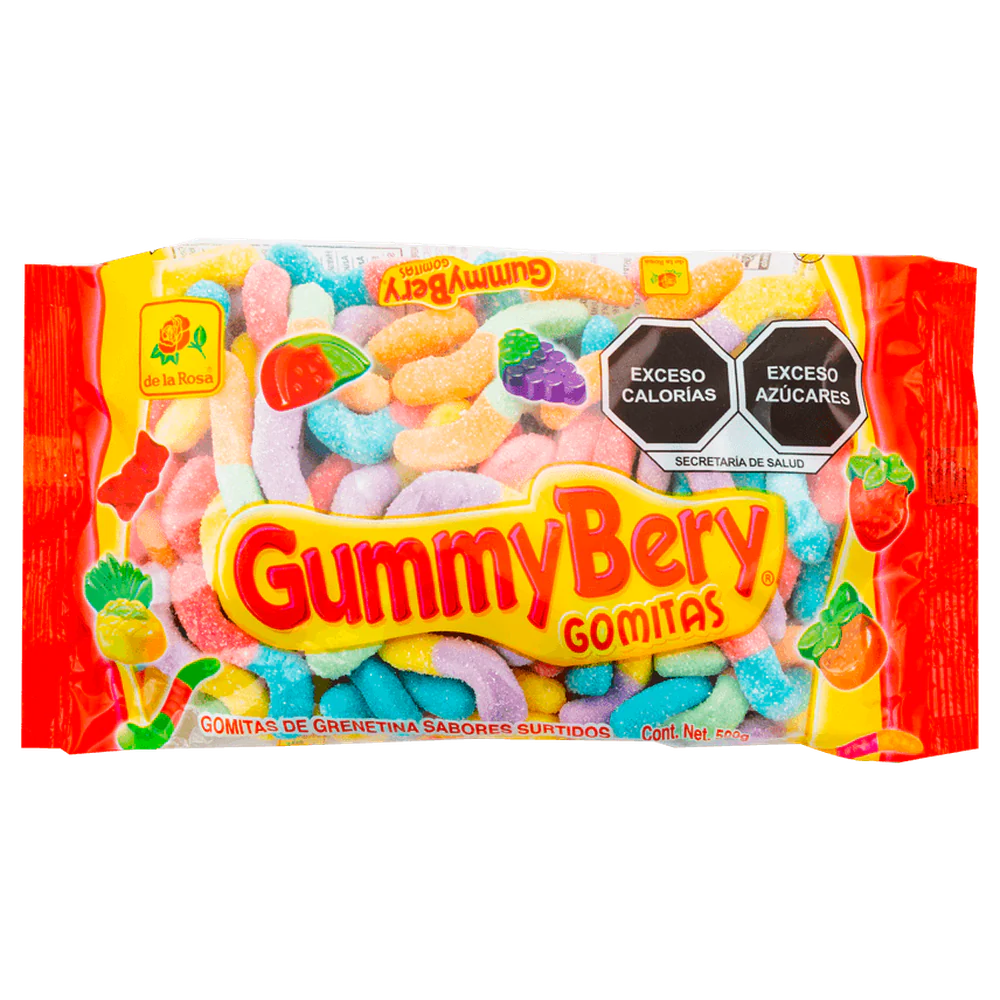 Imagen de productos De La Rosa, como dulces tradicionales mexicanos, incluyendo opciones como mazapanes, pulpas, caramelos, gomitas, malvaviscos, paletas, bombones y chocolates, en diversas presentaciones individuales o en bolsa, con empaques coloridos característicos de la marca.