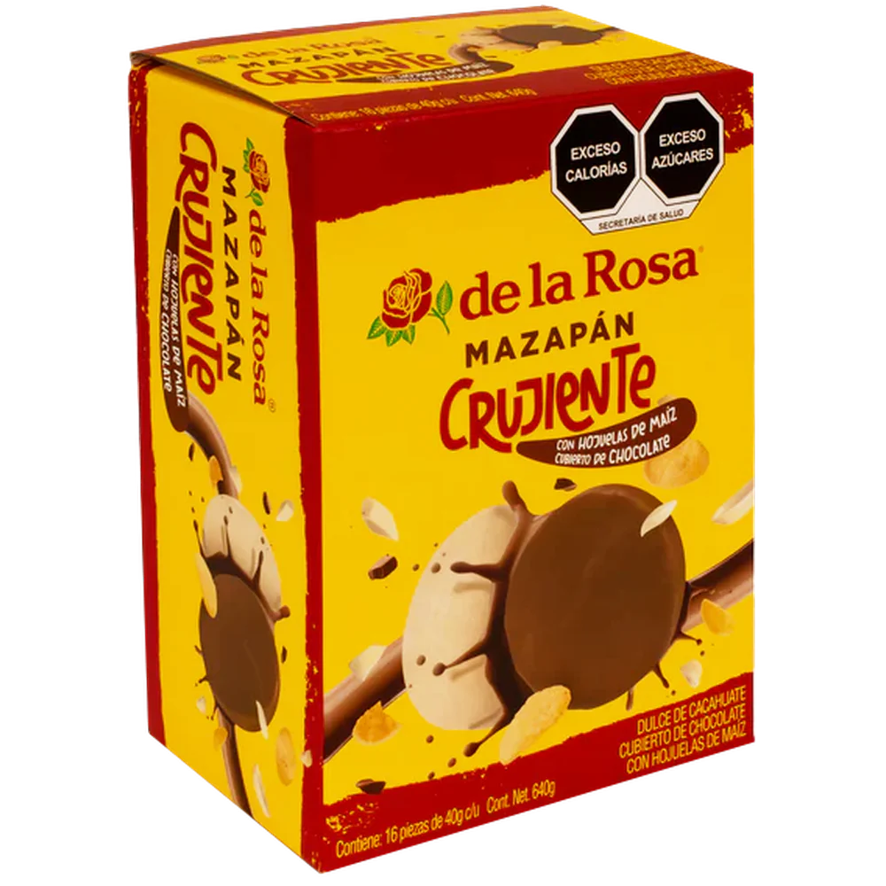 Imagen de productos De La Rosa, como dulces tradicionales mexicanos, incluyendo opciones como mazapanes, pulpas, caramelos, gomitas, malvaviscos, paletas, bombones y chocolates, en diversas presentaciones individuales o en bolsa, con empaques coloridos característicos de la marca.