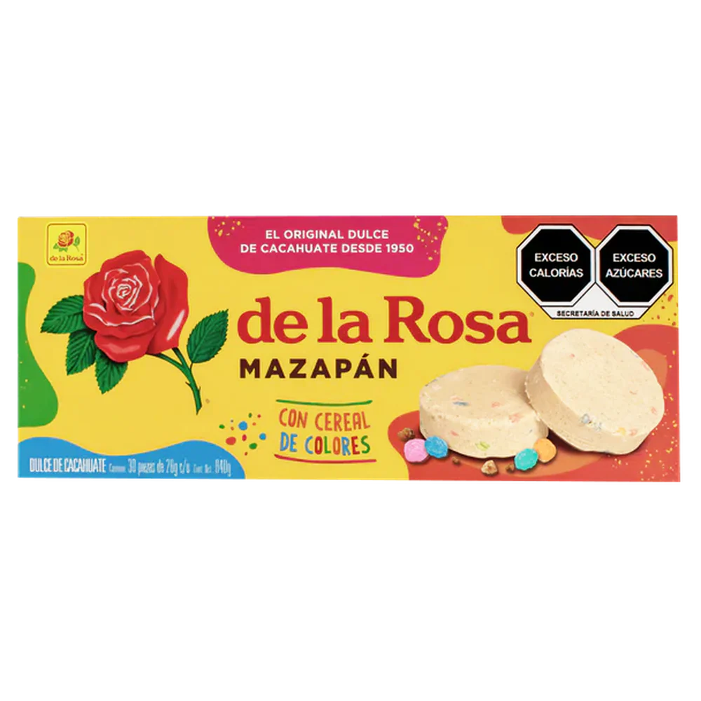 Imagen de productos De La Rosa, como dulces tradicionales mexicanos, incluyendo opciones como mazapanes, pulpas, caramelos, gomitas, malvaviscos, paletas, bombones y chocolates, en diversas presentaciones individuales o en bolsa, con empaques coloridos característicos de la marca.