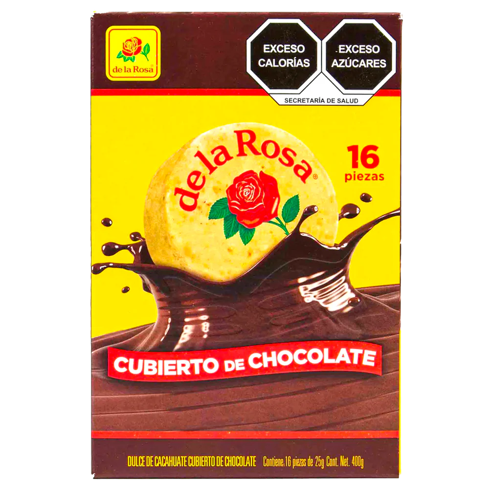 Imagen de productos De La Rosa, como dulces tradicionales mexicanos, incluyendo opciones como mazapanes, pulpas, caramelos, gomitas, malvaviscos, paletas, bombones y chocolates, en diversas presentaciones individuales o en bolsa, con empaques coloridos característicos de la marca.