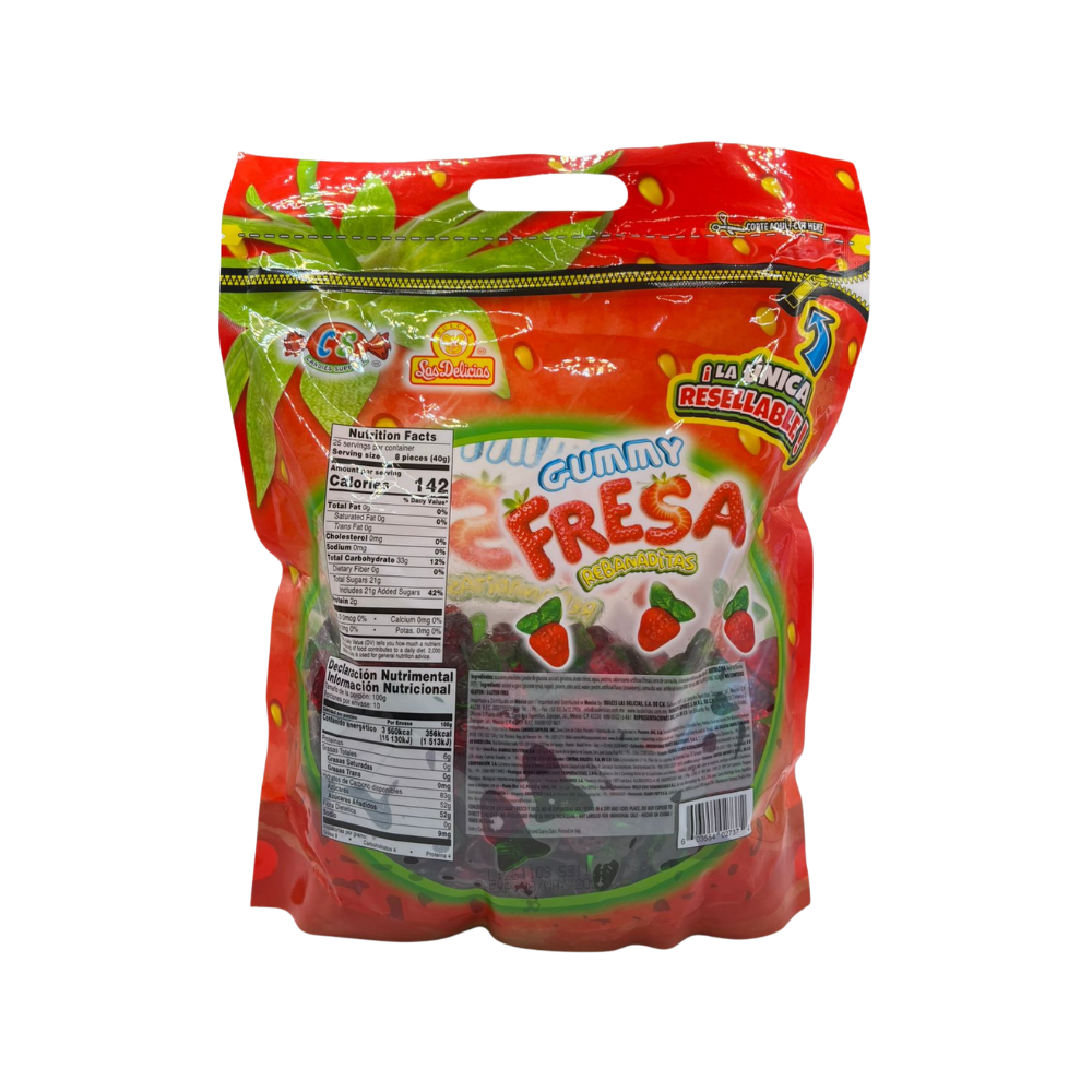 Gomitas Delic sabor fresa con forma de rebanadas y textura suave en presentación de 1 kg.