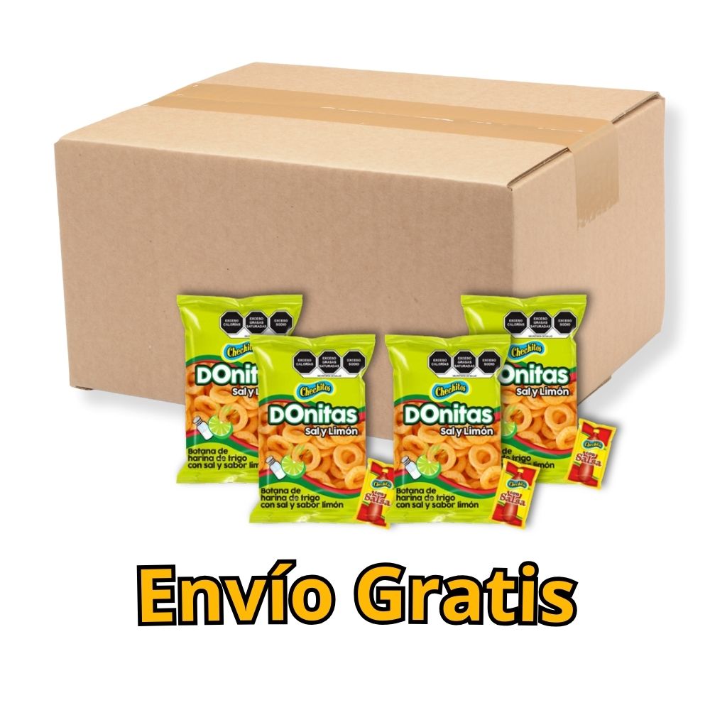 Donitas Sal y Limón con Salsa Medianos | Caja con 4 bolsas de 25 pzas