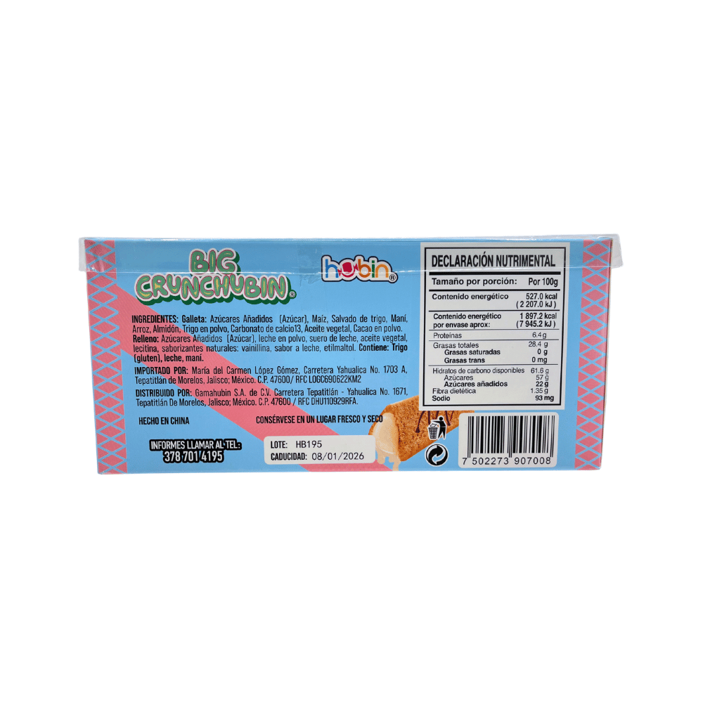 Galleta crujiente Hubin Big Crunchubín con relleno sabor Vainilla en presentación de 30 piezas.