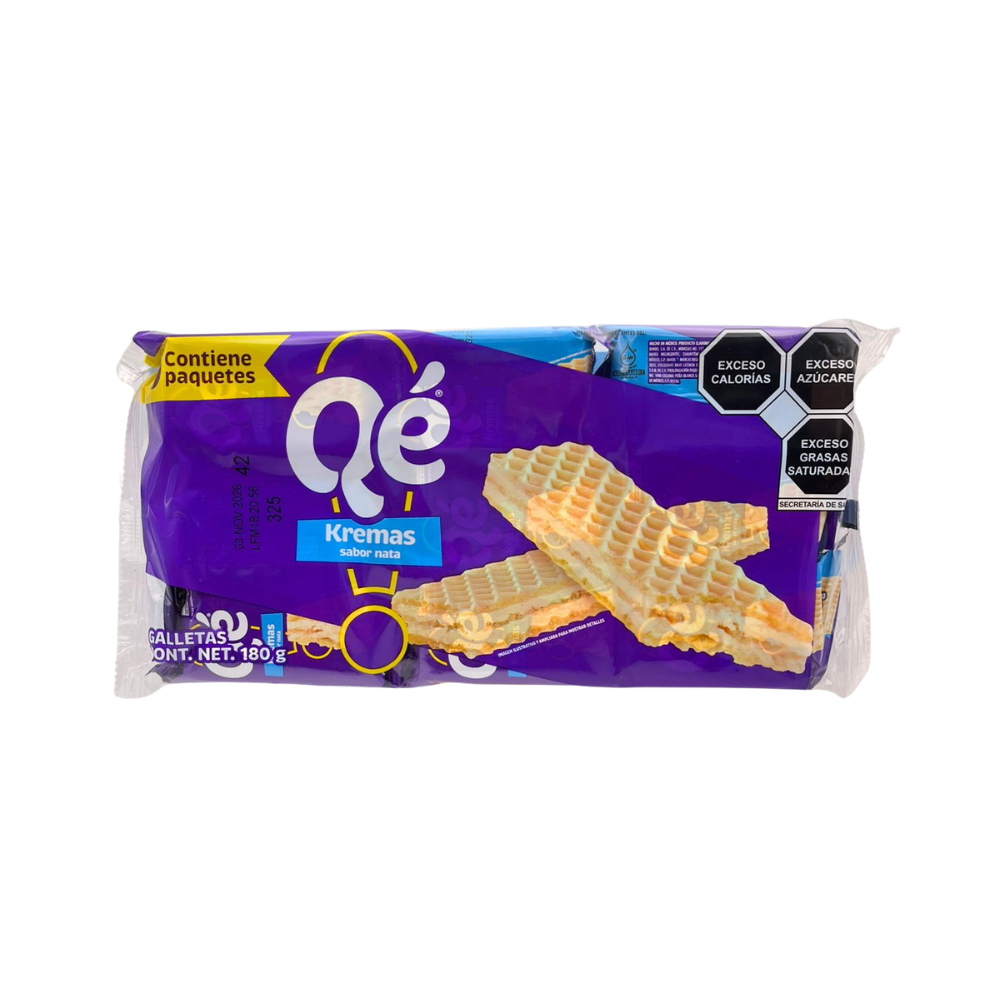 Galletas Qé Kremas rellenas de crema sabor nata en paquete de 180 gramos.
