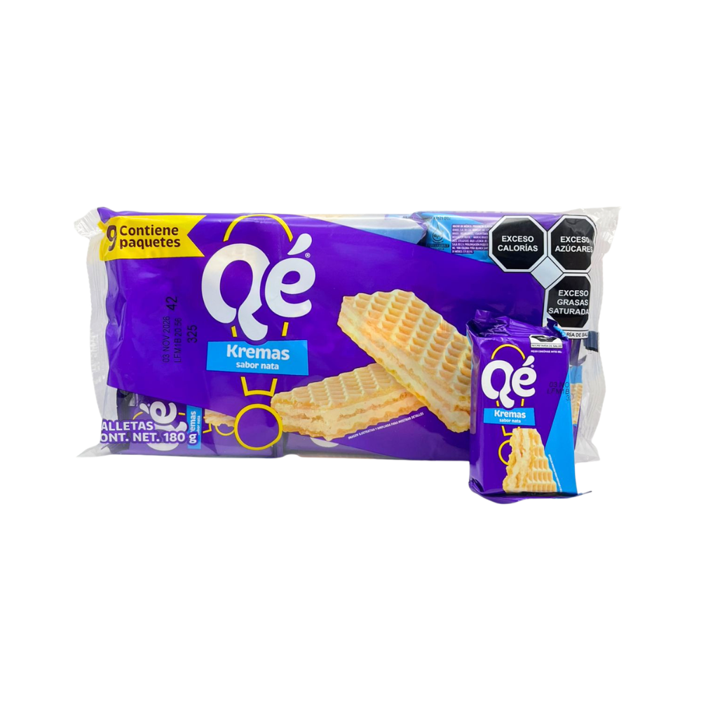 Galletas Qé Kremas sabor nata con oblea crujiente y relleno cremoso en paquete de 180 gramos.