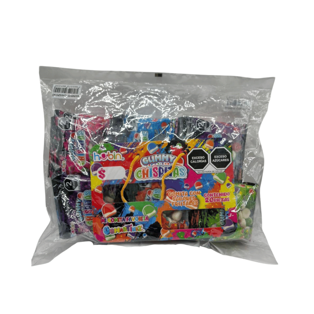 Gomitas Hubin Chispitas frutales en colores surtidos, suaves y dulces, presentación de 20 piezas.
