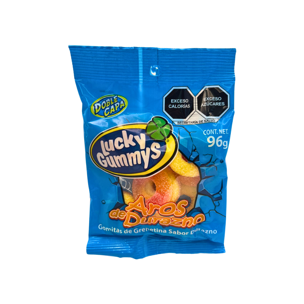 Gomitas Lucky Gummy en forma de aros sabor durazno, bolsa de 96 g con textura suave y azucarada.