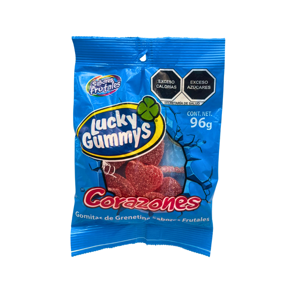 Gomitas Lucky Gummy en forma de corazones con sabores frutales surtidos, bolsa de 96 g.