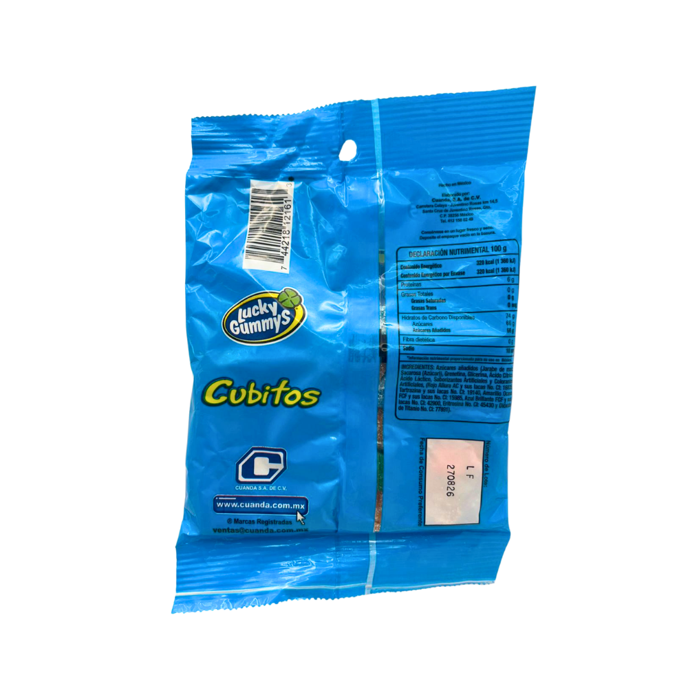 Gomitas Lucky Gummy Cubitos con forma cuadrada y sabores frutales surtidos en bolsa de 100 g.