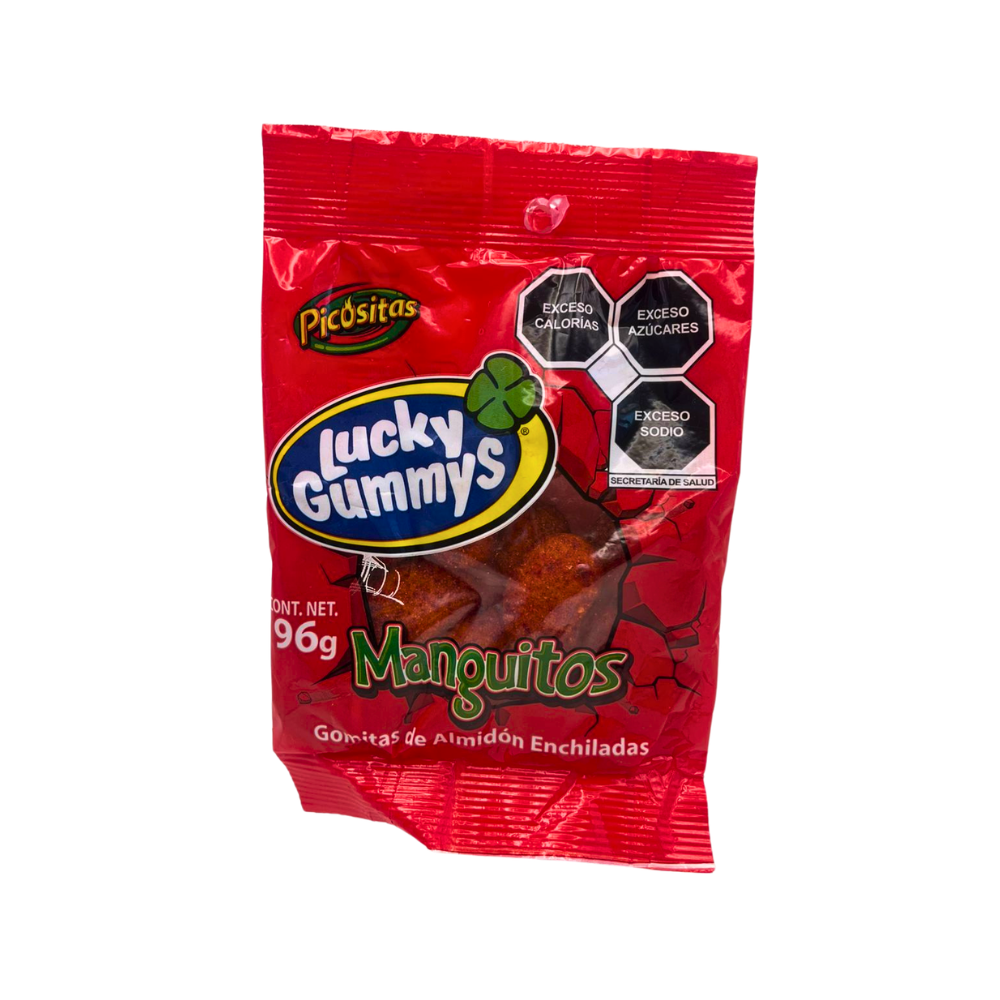 Gomitas Lucky Gummy Manguitos enchilados con sabor mango y toque picosito en bolsa de 96 g.
