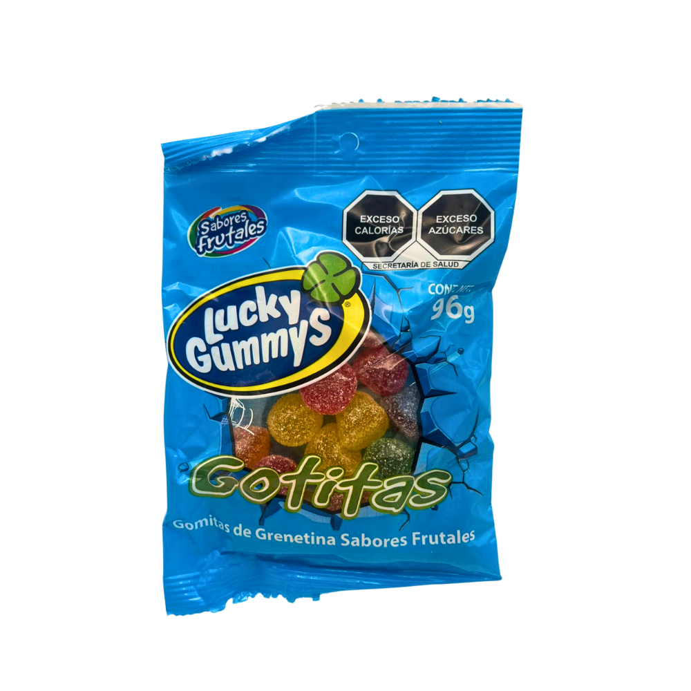 Gomitas Lucky Gummy en forma de gota con sabores frutales surtidos, bolsa de 96 g.