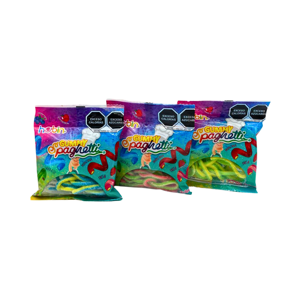 Gomitas Gummy Spaghetti Hubin rellenas con delicioso sabor fruta, 20 pzas de 23g