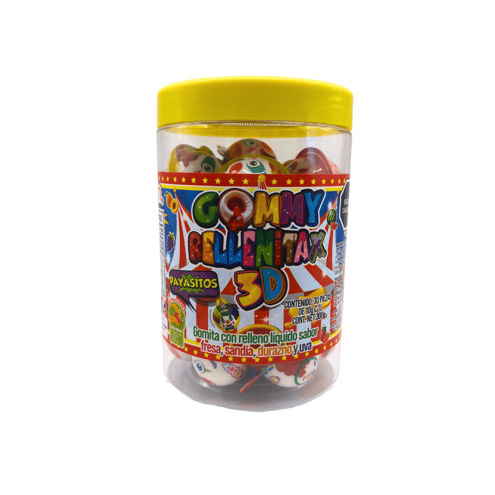 Gomitas Hubin Rellenitax 3D de payasos con centro líquido y sabores frutales, 30 piezas individuales.