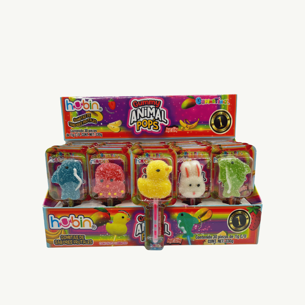 Dulces gomitas Hubin Animal Pop Neon de colores brillantes y sabores frutales, 30 piezas individuales.