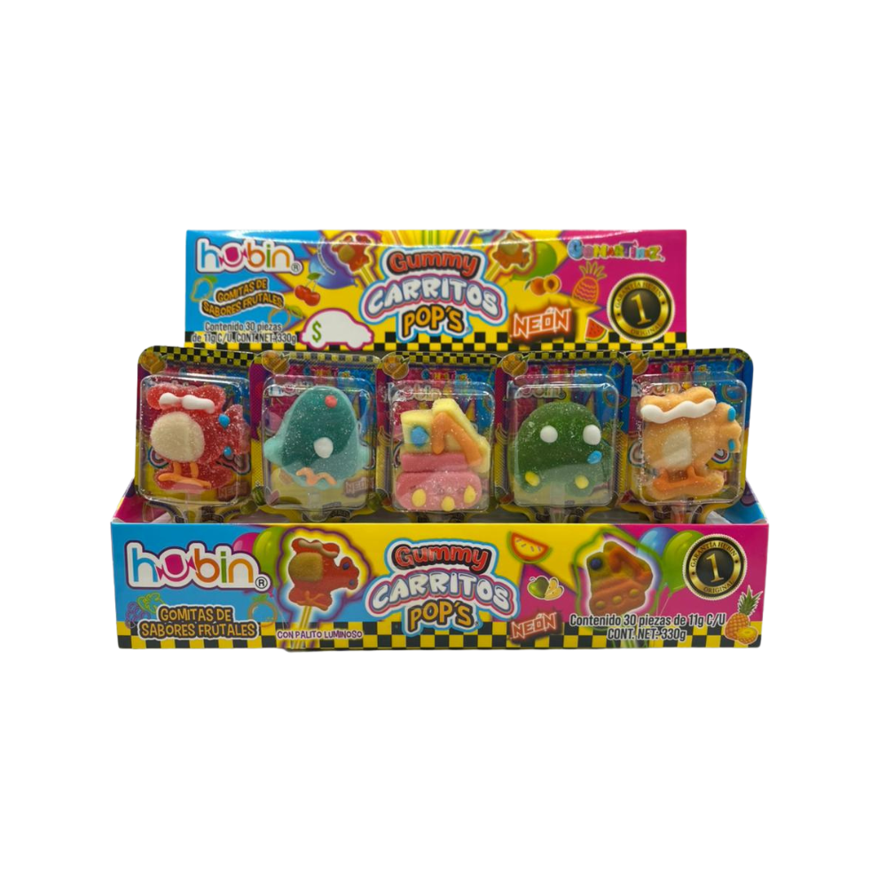 Gomitas Hubin Carritos Pop Neon con formas de frutas y colores brillantes en presentación de 30 piezas.
