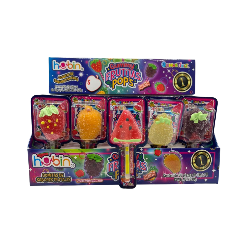 Gomitas Hubin Frutita Pop Neon con formas de frutas y colores brillantes en presentación de 30 piezas.