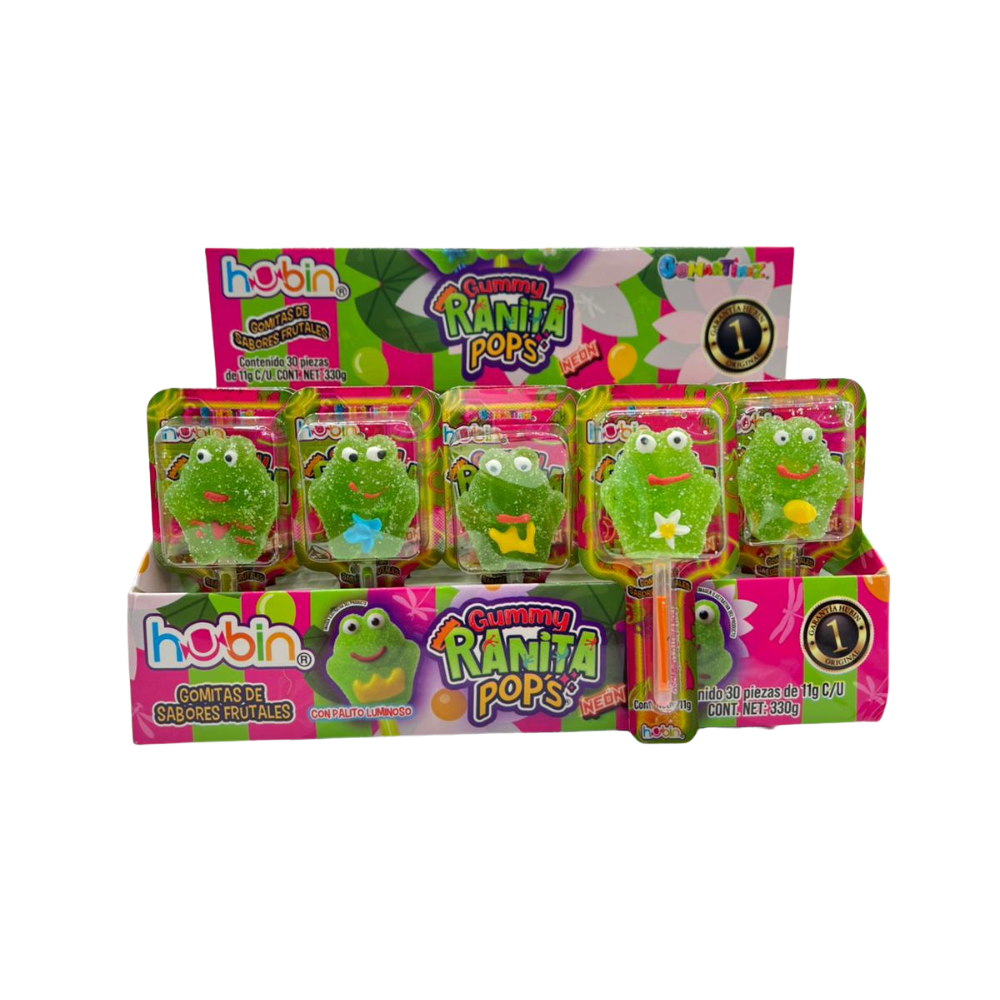 Gomitas Hubin Ranitas Pop Neon con formas de frutas y colores brillantes en presentación de 30 piezas.