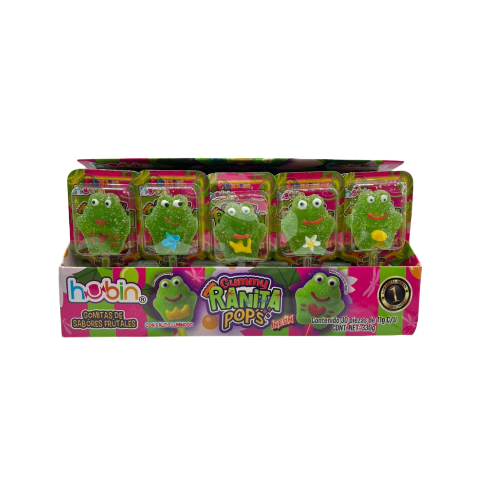 Gomitas frutales Hubin Ranitas Pop Neon con figuras de frutas y colores neón en caja de 30 piezas.