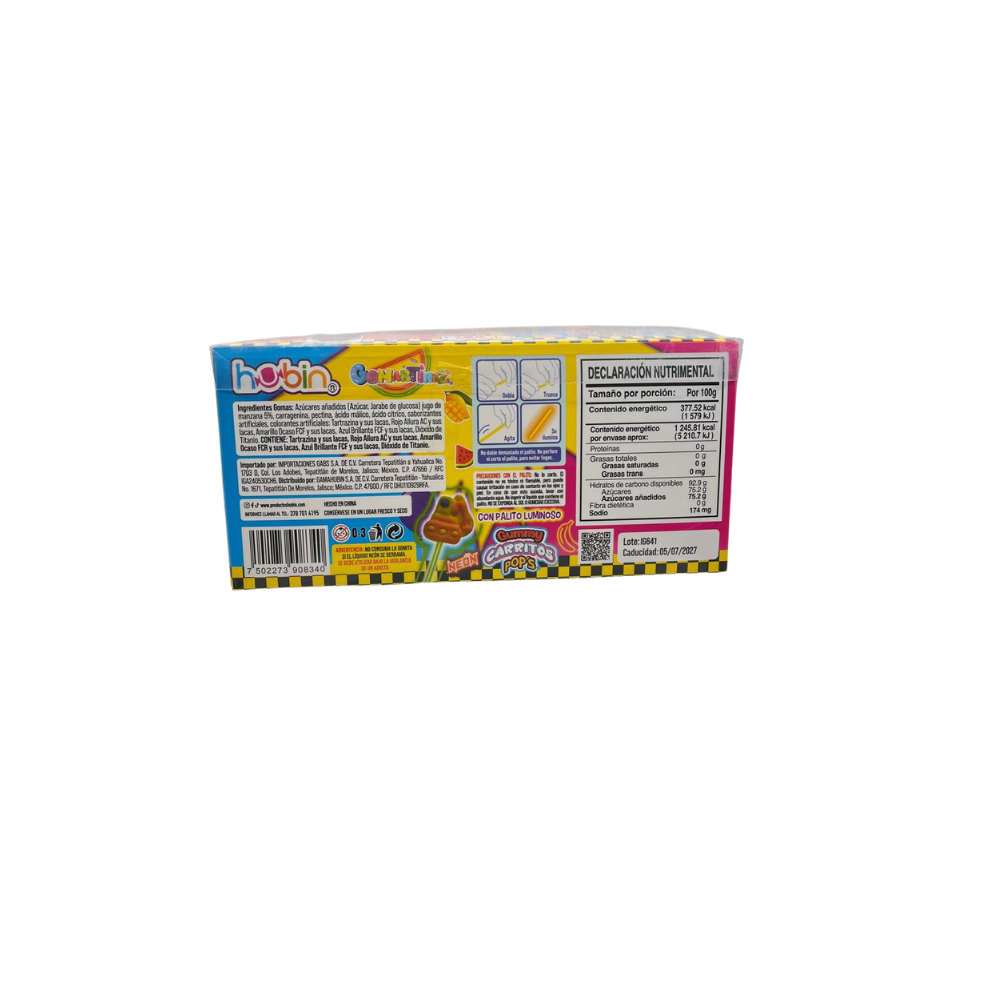 Gomitas frutales Hubin Carritos Pop Neon con figuras de frutas y colores neón en caja de 30 piezas.